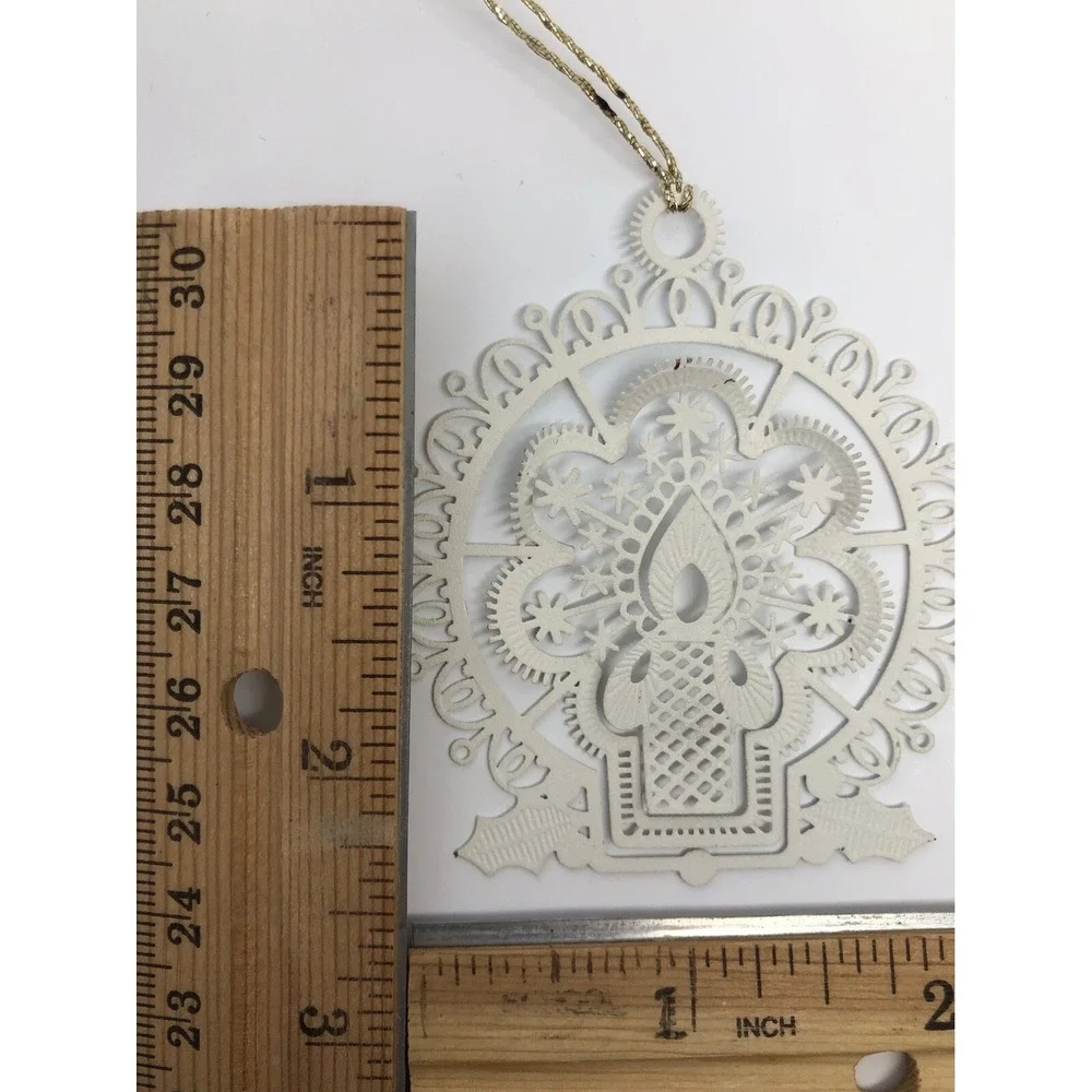 Vintage Christmas Ornament White‎ Type Metal Candle Delicate Cut-Out 2.5